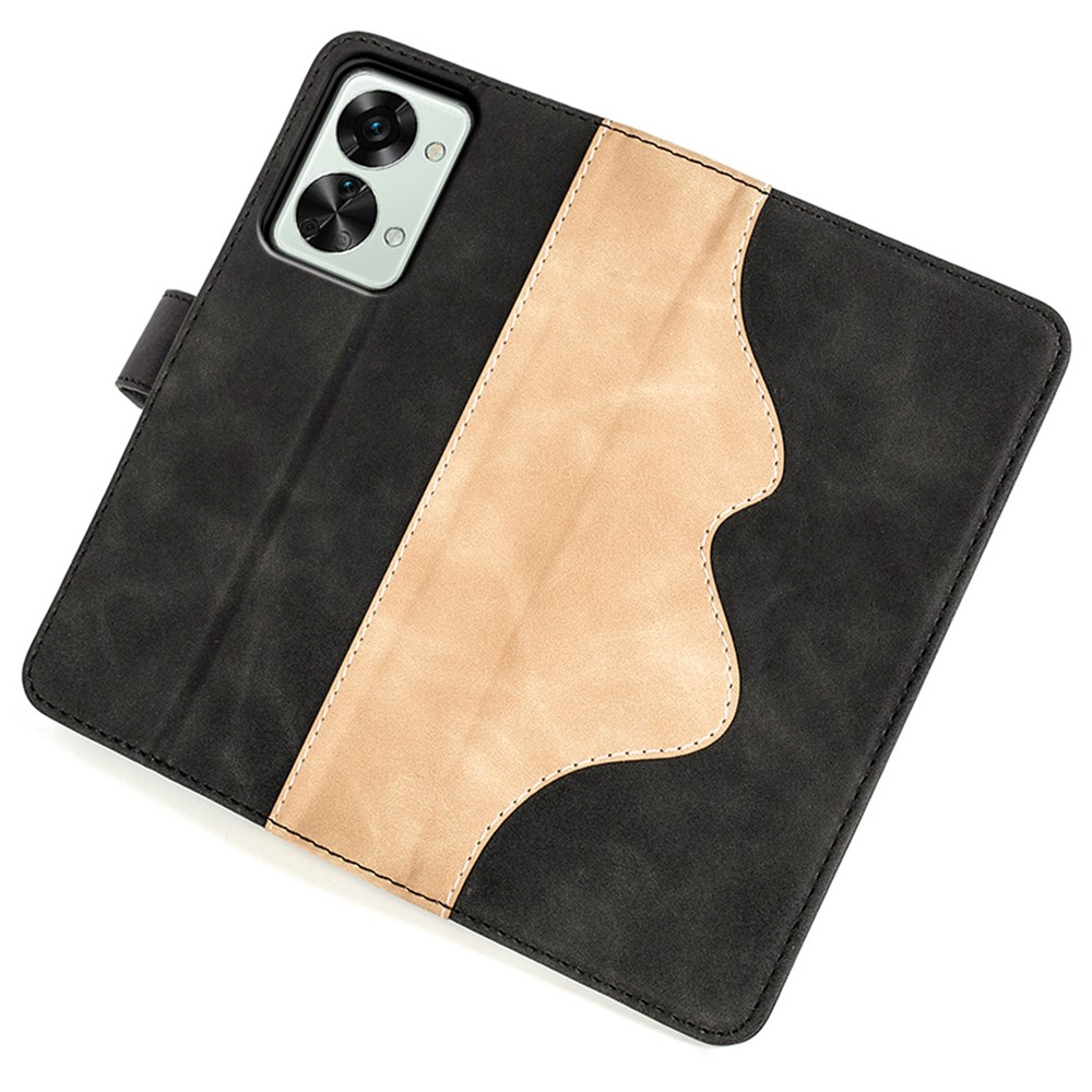 Phone Cover Leather Case for OnePlus Nord 2T 5G, Color Splicing Anti-scratch Anti-fall Stand Wallet Design Smartphone Shell - Black-5
