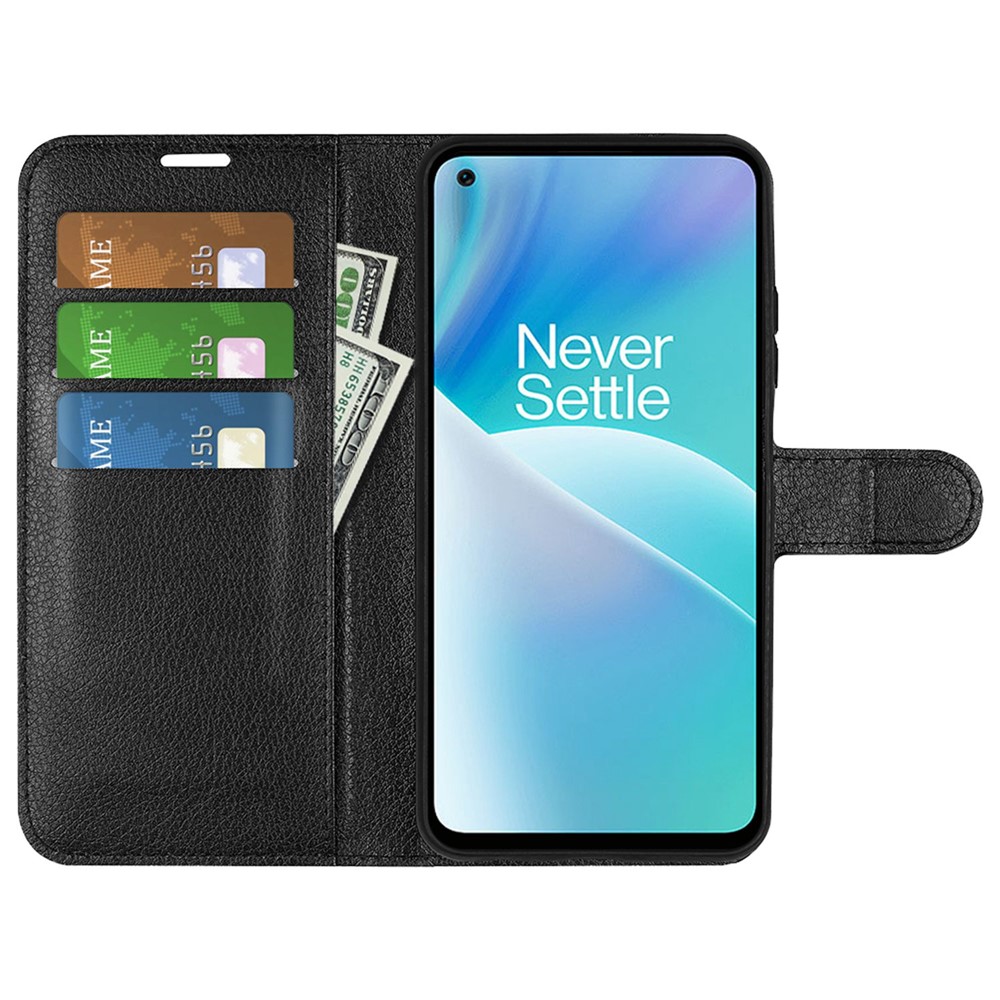 Litchi Texture Case for OnePlus Nord 2T 5G, Scratch-resistant Anti-drop Stand PU Leather Wallet Protective Phone Cover - Black-2