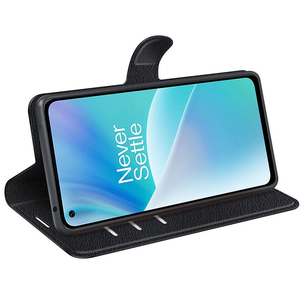 Litchi Texture Case for OnePlus Nord 2T 5G, Scratch-resistant Anti-drop Stand PU Leather Wallet Protective Phone Cover - Black-3
