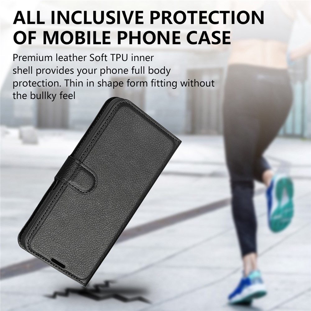 Litchi Texture Case for OnePlus Nord 2T 5G, Scratch-resistant Anti-drop Stand PU Leather Wallet Protective Phone Cover - Black-8