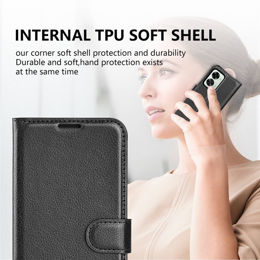 Litchi Texture Case for OnePlus Nord 2T 5G, Scratch-resistant Anti-drop Stand PU Leather Wallet Protective Phone Cover - Black-9
