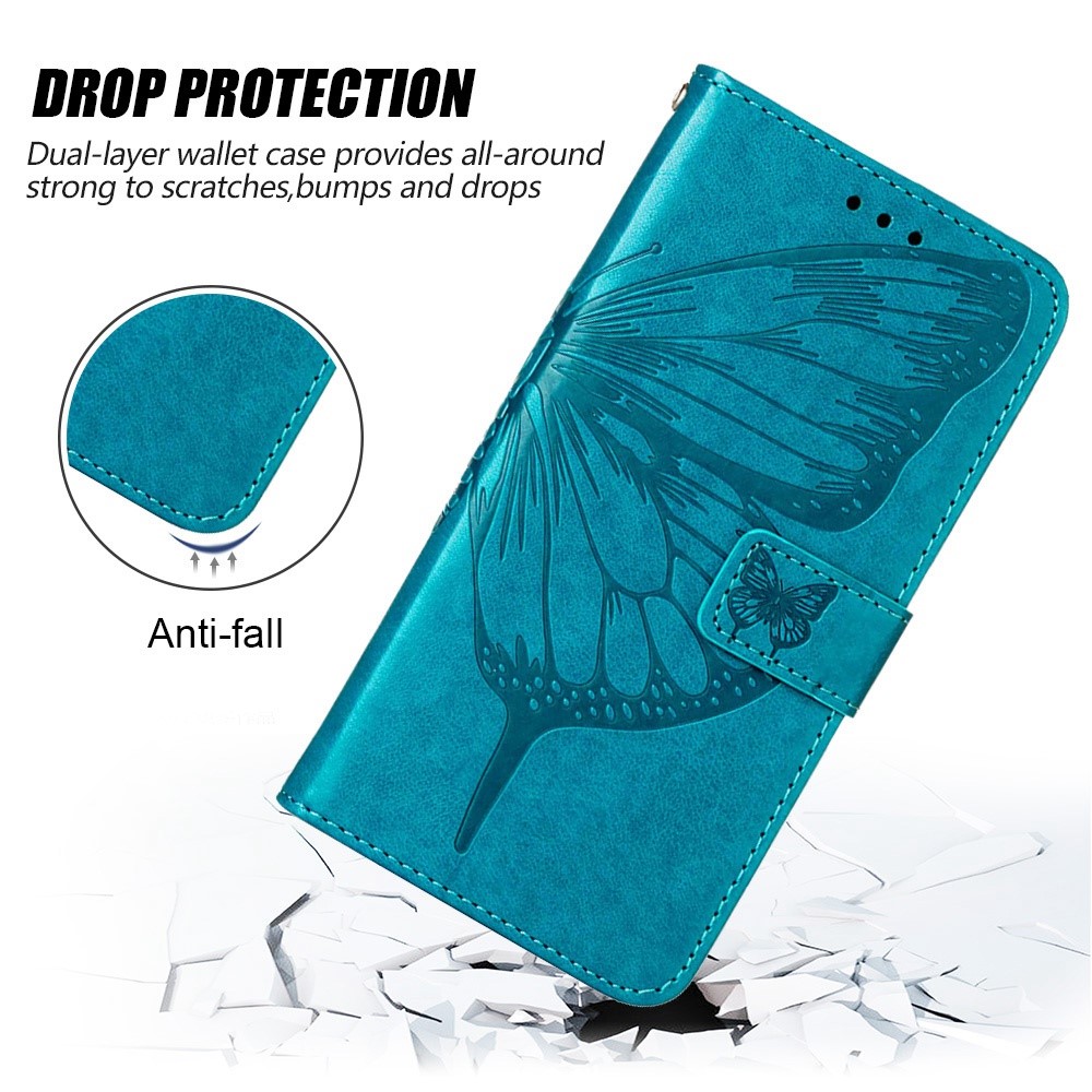 YB Imprinting Flower Series-4 for OnePlus Nord CE 2 Lite 5G Butterfly Flower Imprinted PU Leather Case Phone Wallet Stand Cover - Blue-4