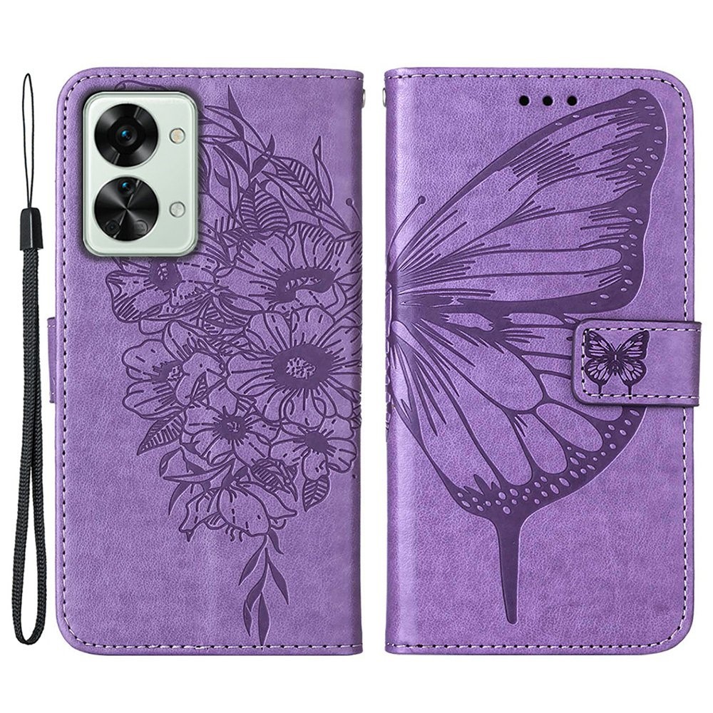 YB Imprinting Flower Series-4 for OnePlus Nord 2T 5G Butterfly Flower Imprinted Leather Case Full Protection Phone Cover with Stand Wallet - Light Purple-1