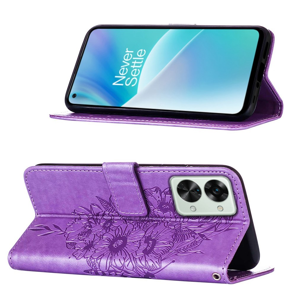 YB Imprinting Flower Series-4 for OnePlus Nord 2T 5G Butterfly Flower Imprinted Leather Case Full Protection Phone Cover with Stand Wallet - Light Purple-2