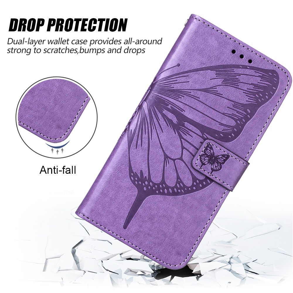 YB Imprinting Flower Series-4 for OnePlus Nord 2T 5G Butterfly Flower Imprinted Leather Case Full Protection Phone Cover with Stand Wallet - Light Purple-4
