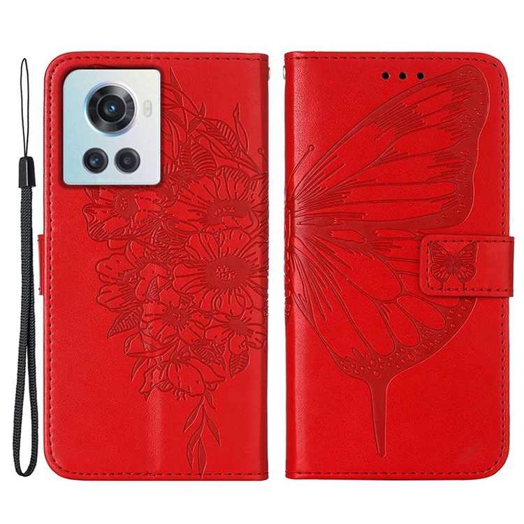 YB Imprinting Flower Series-4 for OnePlus Ace 5G Shockproof Butterfly Flower Imprinted PU Leather Magnetic Flip Cover Stand Feature Hand Strap Wallet Purse Case - Red-1