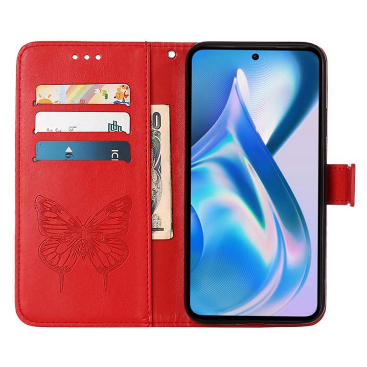 YB Imprinting Flower Series-4 for OnePlus Ace 5G Shockproof Butterfly Flower Imprinted PU Leather Magnetic Flip Cover Stand Feature Hand Strap Wallet Purse Case - Red-3