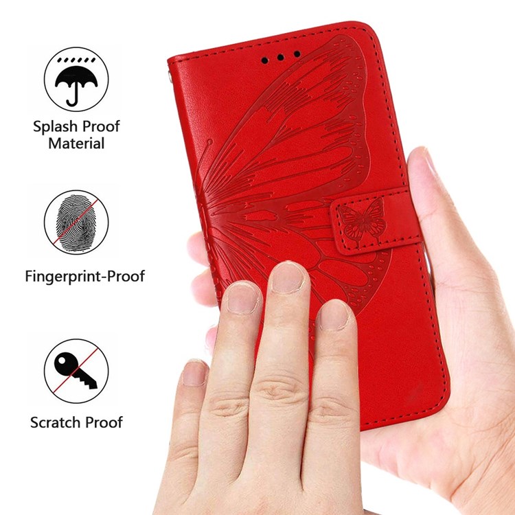 YB Imprinting Flower Series-4 for OnePlus Ace 5G Shockproof Butterfly Flower Imprinted PU Leather Magnetic Flip Cover Stand Feature Hand Strap Wallet Purse Case - Red-5