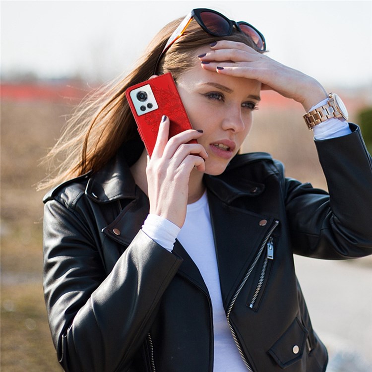 YB Imprinting Flower Series-4 for OnePlus Ace 5G Shockproof Butterfly Flower Imprinted PU Leather Magnetic Flip Cover Stand Feature Hand Strap Wallet Purse Case - Red-7