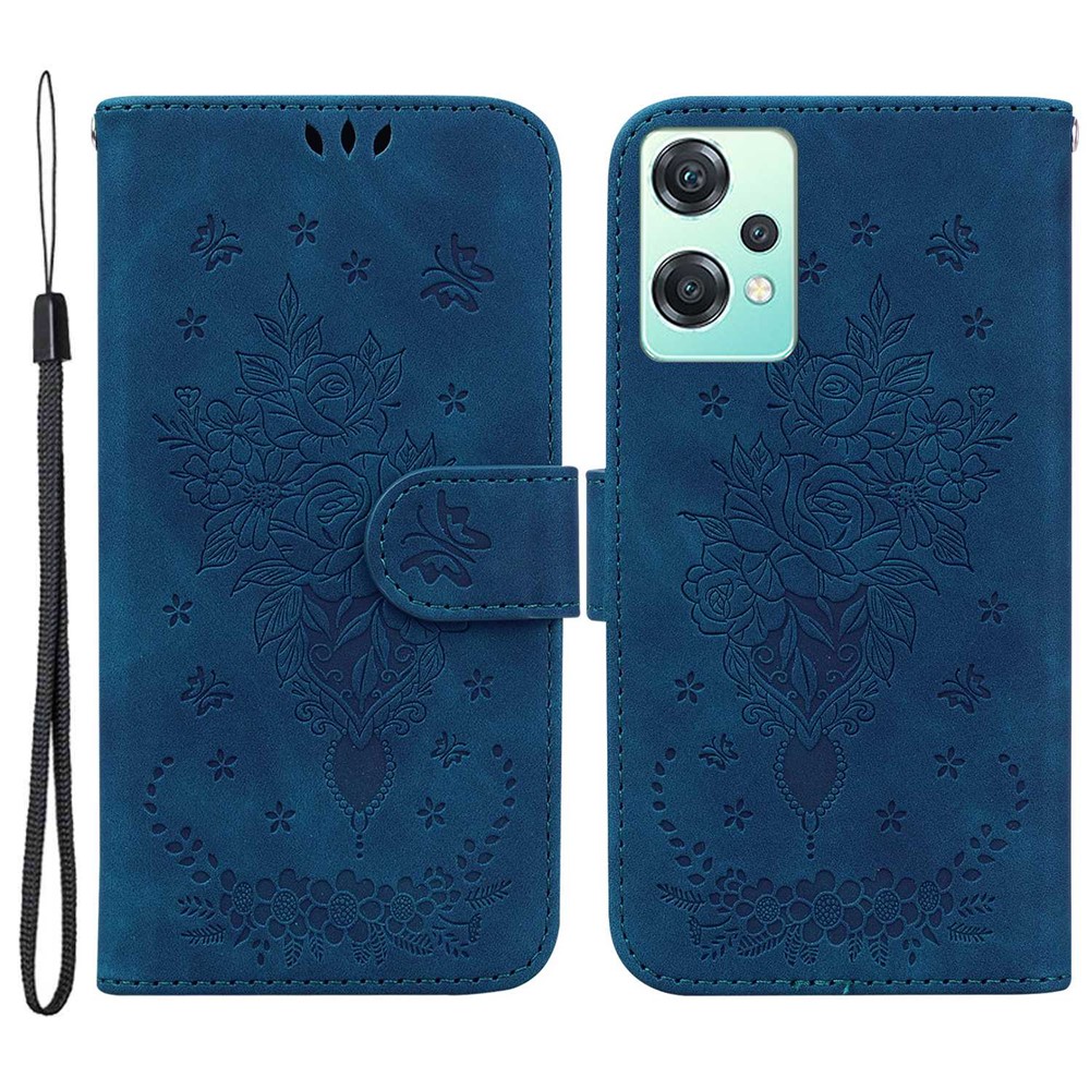 For OnePlus Nord CE 2 Lite 5G Imprinting Roses Butterflies PU Leather Case Shockproof Phone Wallet Stand Cover with Strap - Blue-1