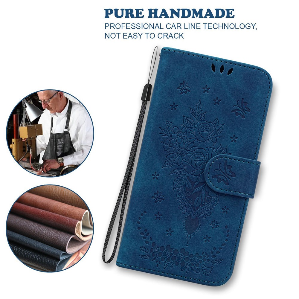 For OnePlus Nord CE 2 Lite 5G Imprinting Roses Butterflies PU Leather Case Shockproof Phone Wallet Stand Cover with Strap - Blue-5