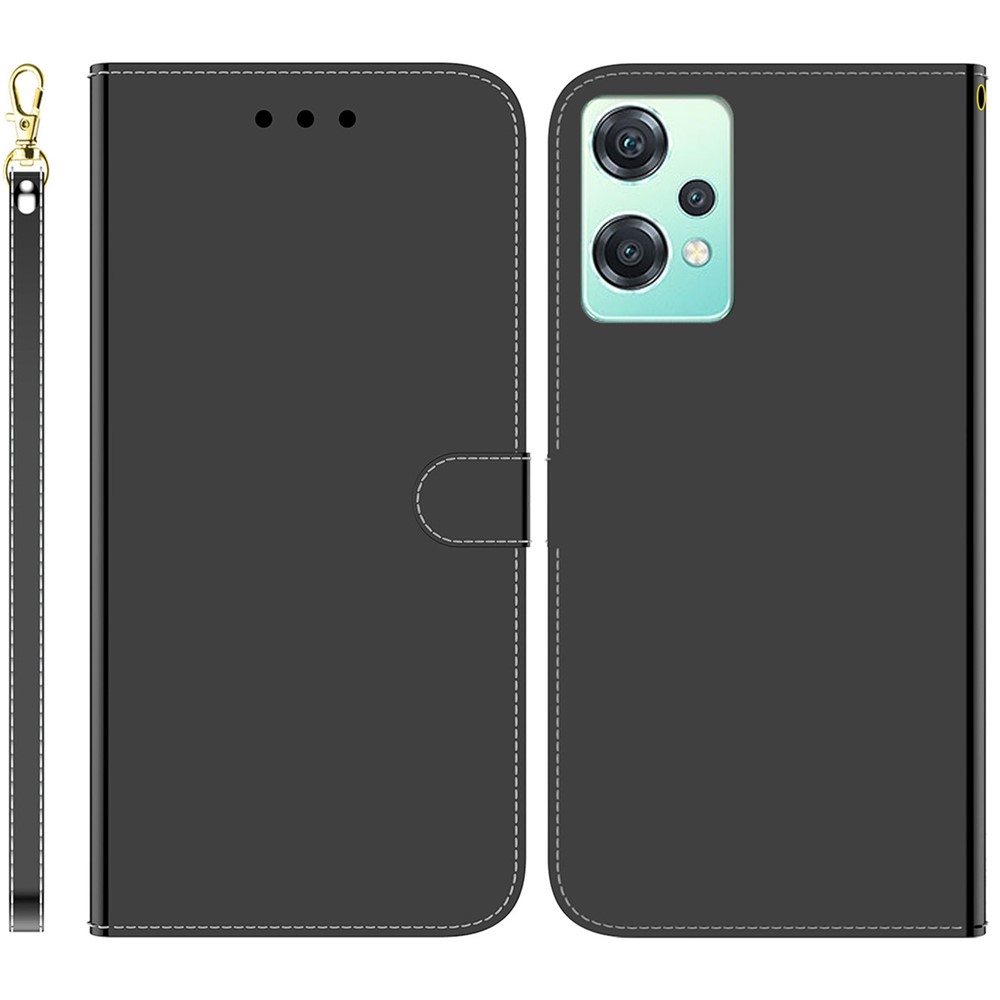 PU Leather Phone Cover for OnePlus Nord CE 2 Lite 5G, Mirror-like Surface Wallet Stand Drop-proof Case with Strap - Black-1