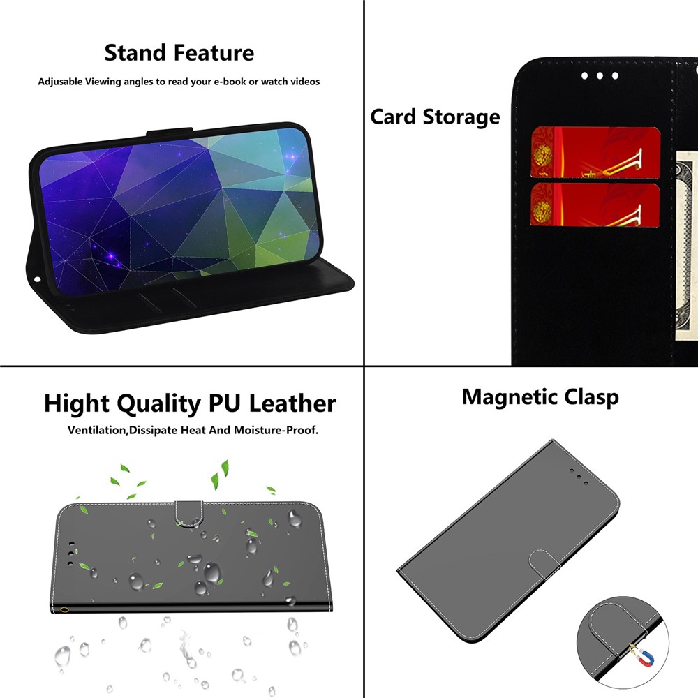 PU Leather Phone Cover for OnePlus Nord CE 2 Lite 5G, Mirror-like Surface Wallet Stand Drop-proof Case with Strap - Black-6