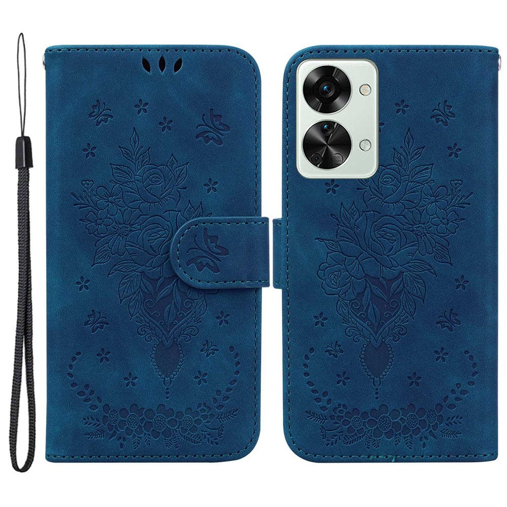 Imprinting Roses Butterflies Phone Case for OnePlus Nord 2T 5G, PU Leather Wallet Stand Flip Folio Shell with Strap - Blue-1