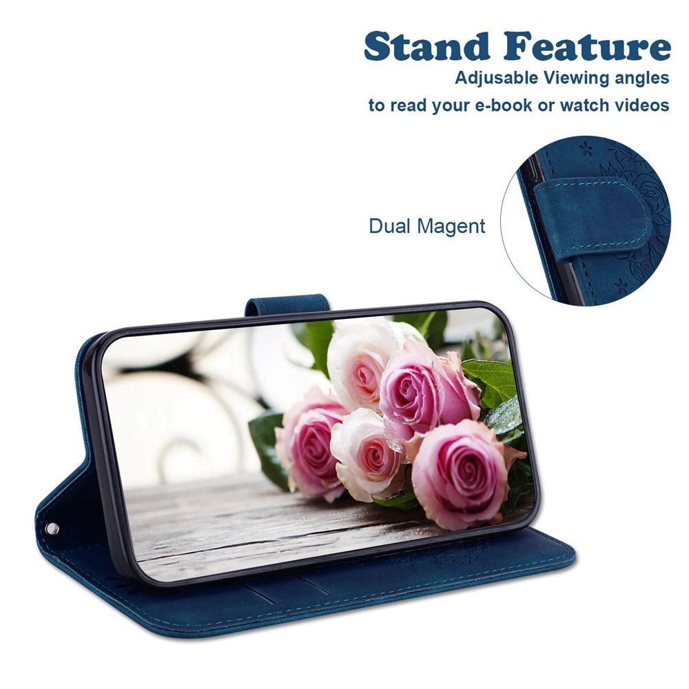 Imprinting Roses Butterflies Phone Case for OnePlus Nord 2T 5G, PU Leather Wallet Stand Flip Folio Shell with Strap - Blue-3