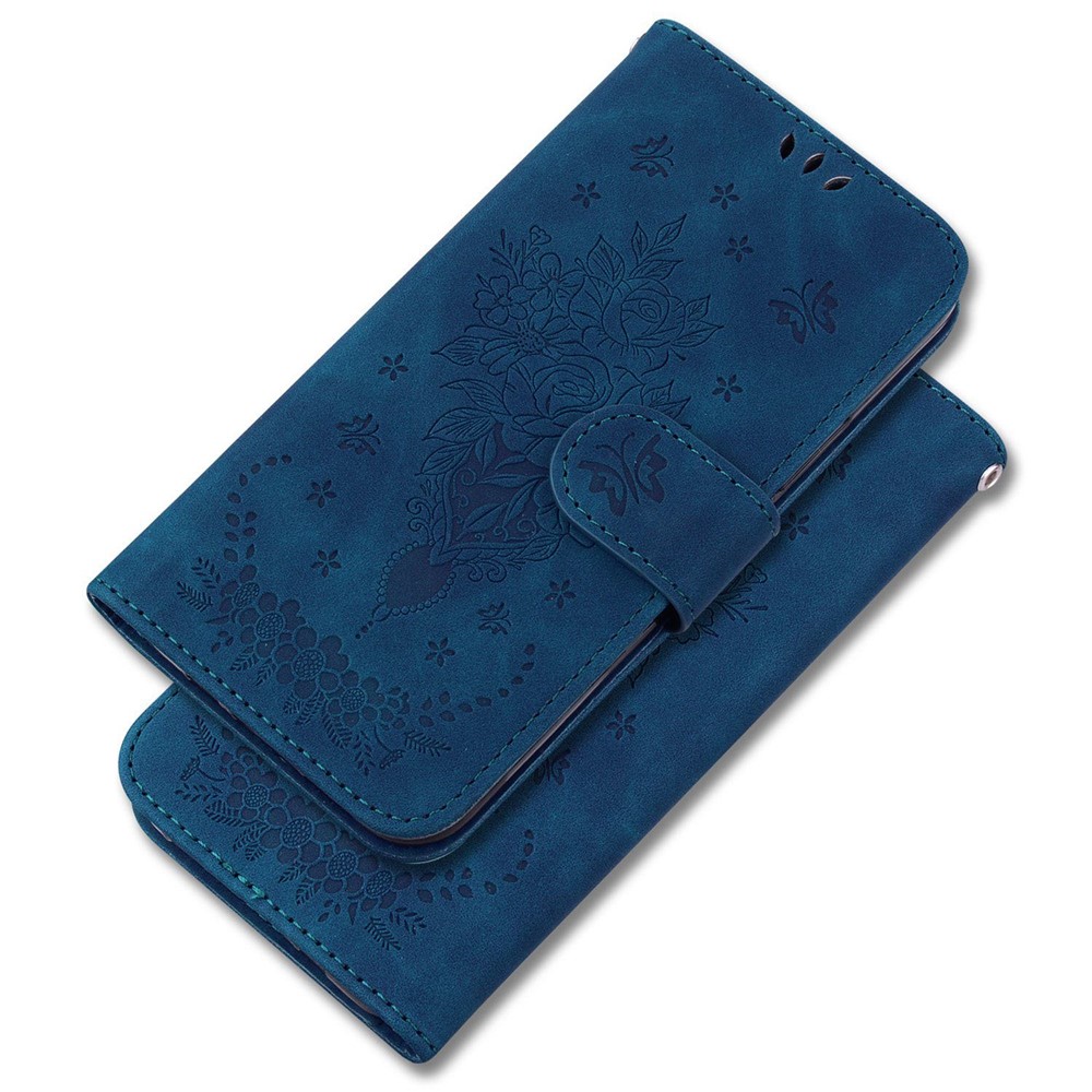 Imprinting Roses Butterflies Phone Case for OnePlus Nord 2T 5G, PU Leather Wallet Stand Flip Folio Shell with Strap - Blue-6