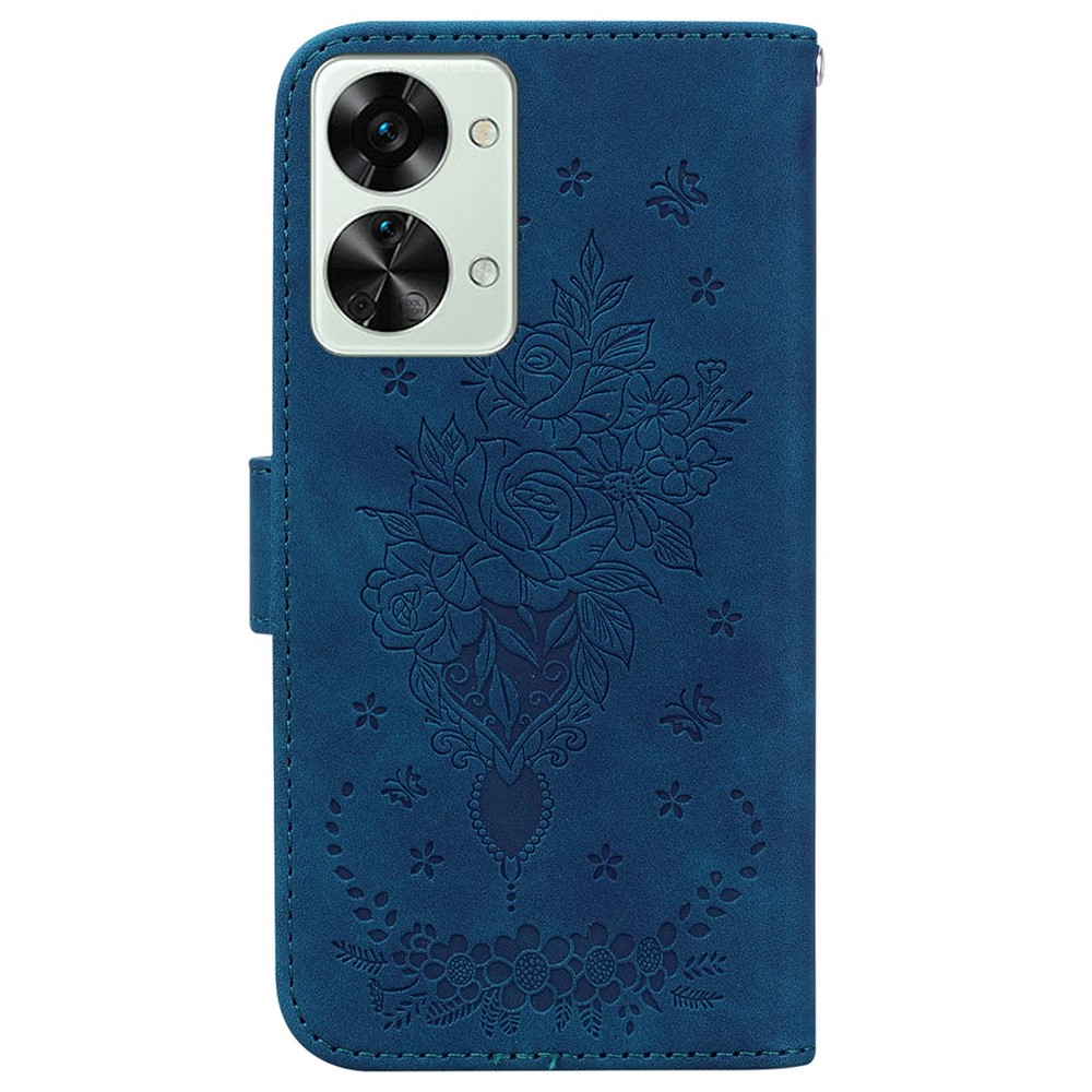 Imprinting Roses Butterflies Phone Case for OnePlus Nord 2T 5G, PU Leather Wallet Stand Flip Folio Shell with Strap - Blue-8
