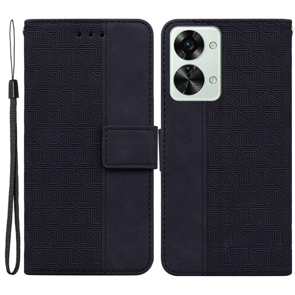 Geometry Pattern Imprinted Phone Case for OnePlus Nord 2T 5G, PU Leather TPU Stand Wallet All-round Protection Cover with Strap - Black-1