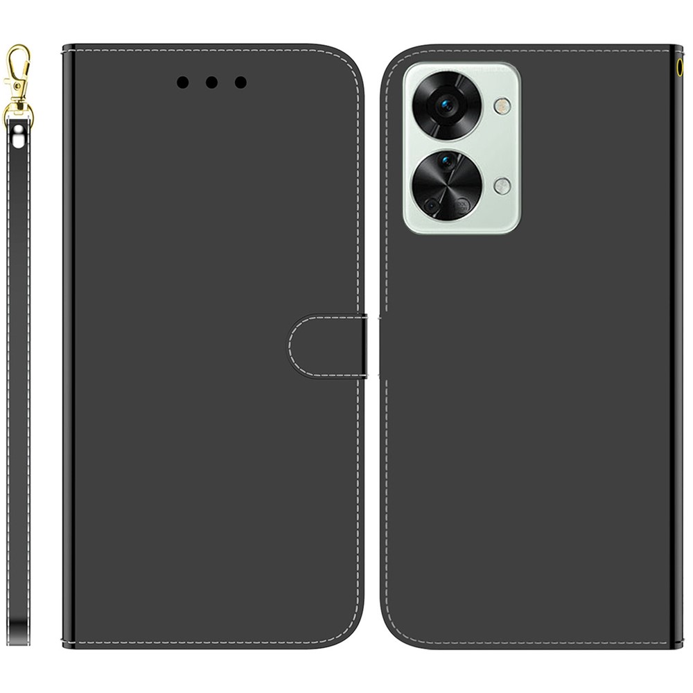 Mirror-like Surface Stand Wallet Case for OnePlus Nord 2T 5G, PU Leather Magnetic Clasp Phone Cover with Strap - Black-1