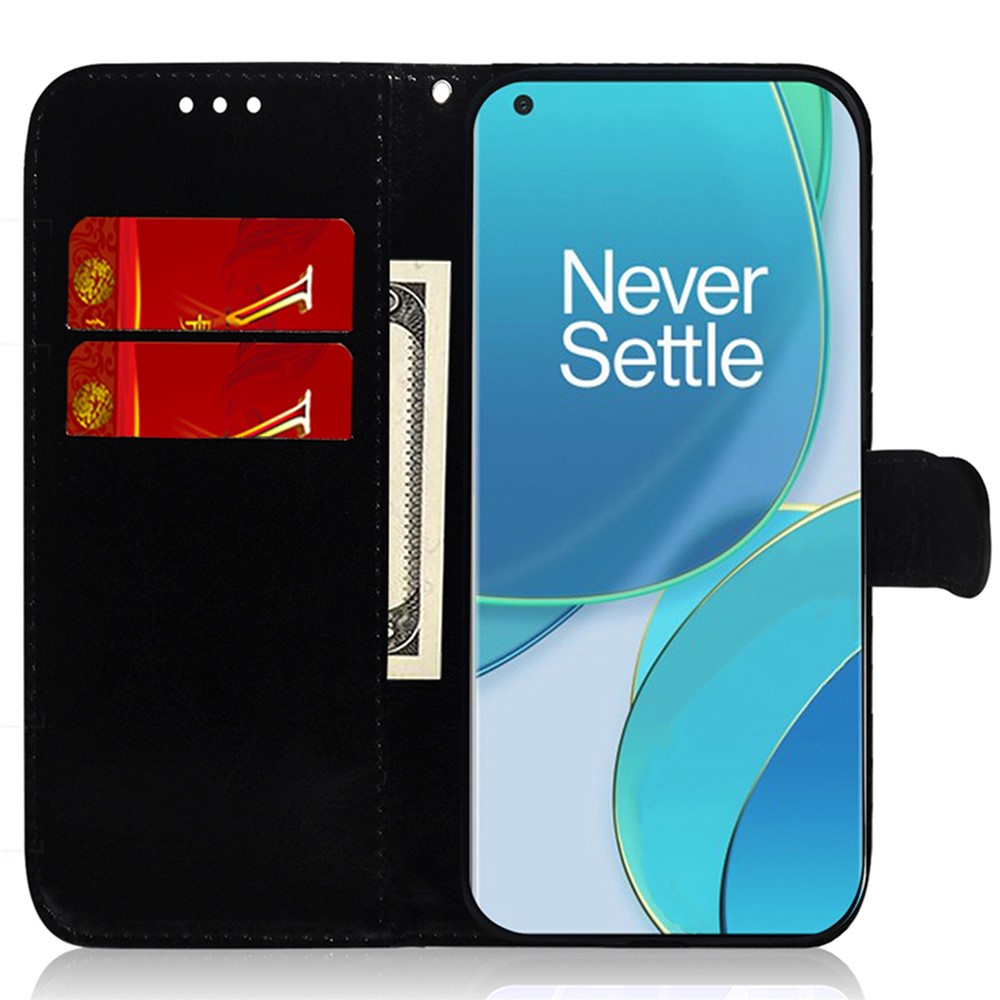 Mirror-like Surface Stand Wallet Case for OnePlus Nord 2T 5G, PU Leather Magnetic Clasp Phone Cover with Strap - Black-2