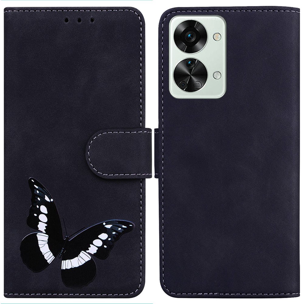 For OnePlus Nord 2T 5G Skin-touch PU Leather Stand Case Butterfly Pattern Printing Wallet Phone Protective Cover - Black-1