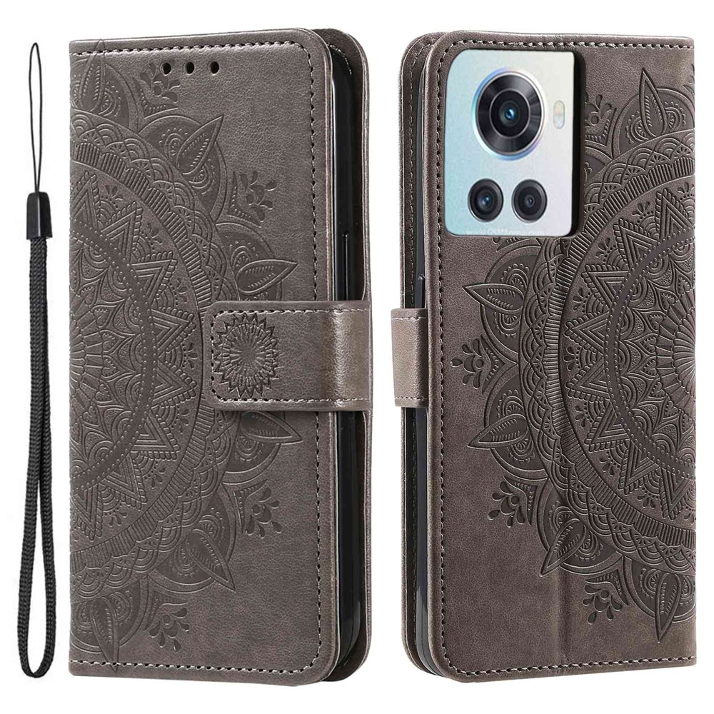 For OnePlus 10R 5G/Ace 5G Anti-scratch Stand Cover Mandala Flower Pattern Imprinted PU Leather Wallet Flip Case with Wrist Strap - Grey-1