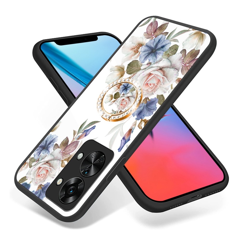 For OnePlus Nord 2T 5G Flower Pattern Printing Kickstand Phone Case TPU Frame PC Tempered Glass Back Cover - White Flower Bush-2