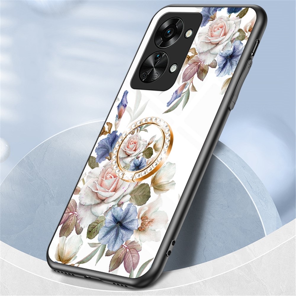 For OnePlus Nord 2T 5G Flower Pattern Printing Kickstand Phone Case TPU Frame PC Tempered Glass Back Cover - White Flower Bush-3