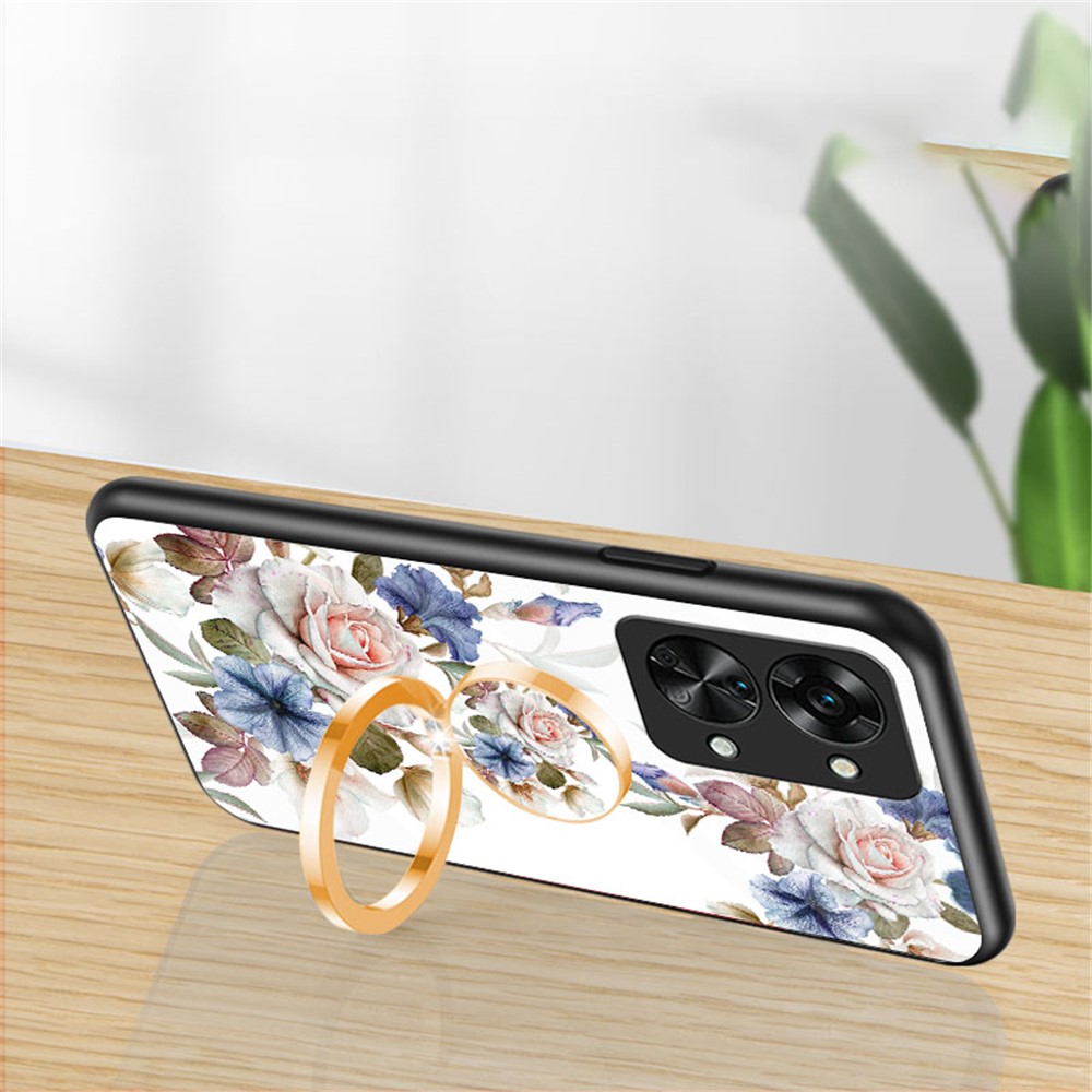 For OnePlus Nord 2T 5G Flower Pattern Printing Kickstand Phone Case TPU Frame PC Tempered Glass Back Cover - White Flower Bush-4