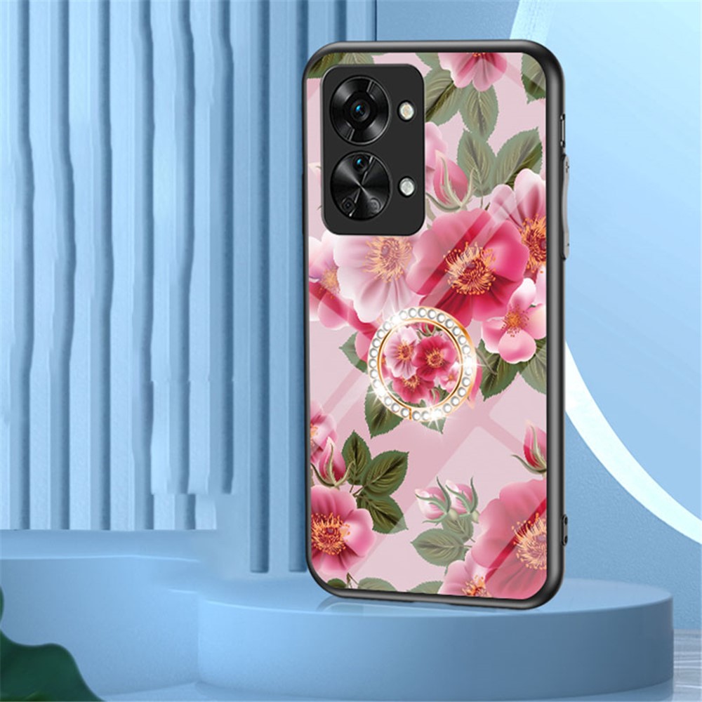 For OnePlus Nord 2T 5G Flower Pattern Printing Kickstand Phone Case TPU Frame PC Tempered Glass Back Cover - White Flower Bush-6