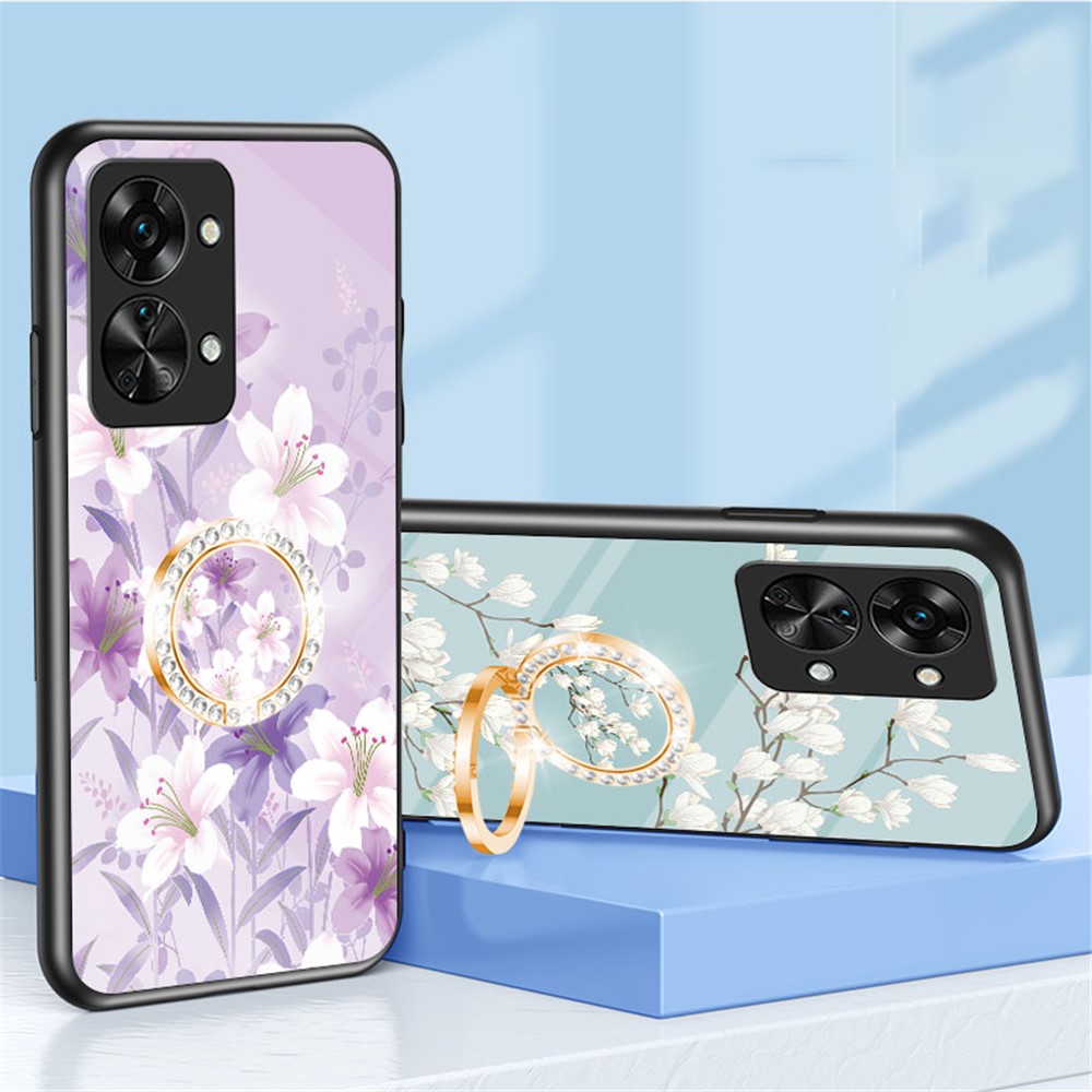 For OnePlus Nord 2T 5G Flower Pattern Printing Kickstand Phone Case TPU Frame PC Tempered Glass Back Cover - White Flower Bush-8