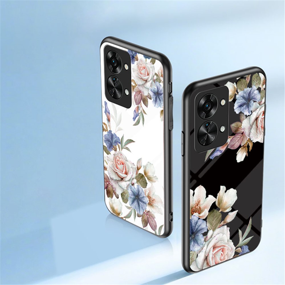 For OnePlus Nord 2T 5G Flower Pattern Printing Kickstand Phone Case TPU Frame PC Tempered Glass Back Cover - White Flower Bush-9