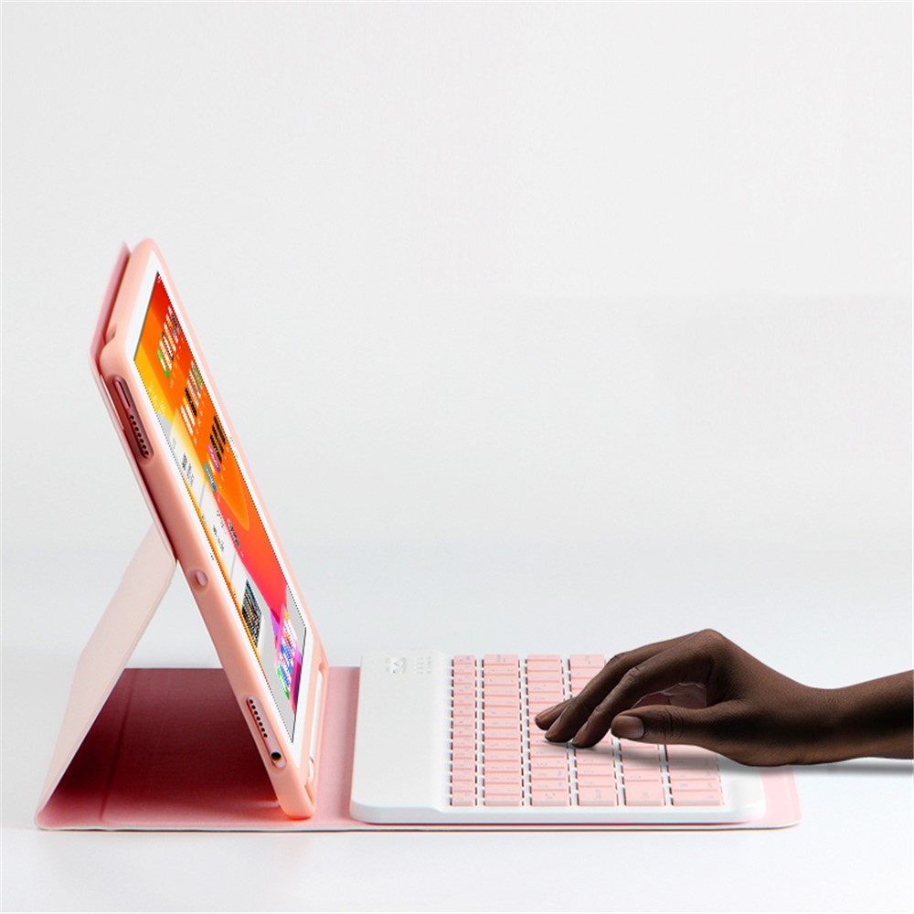 Ajiuyu 2-in-1 Беспроводная Bluetooth Клавиатура Кожаная Оболочка С Ручкой Для IPad 10.2 (2019) / (2020) - Розовый-3