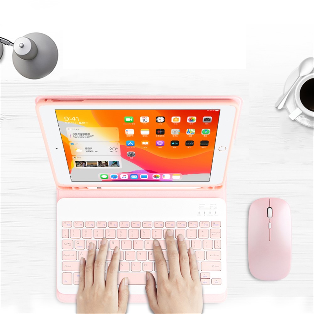 Ajiuyu 2-in-1 Wireless Bluetooth Teclado Caselo de Couro Com Caneta Para Ipad 10.2 (2021)/(2020)/(2019) - Rosa