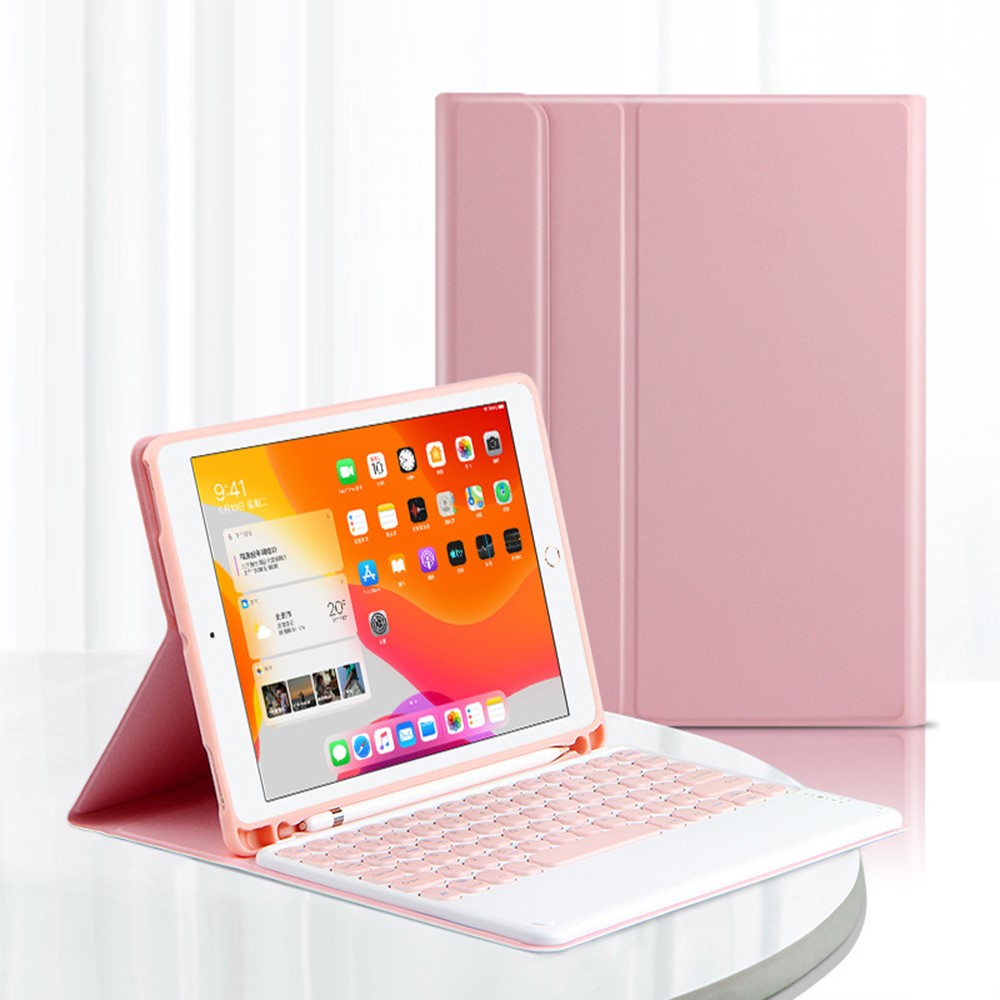 Ajiuyu Candy Color Cover Cover Shell + Sem Fio Bluetooth Teclado Conjunto Para Ipad 10.2 (2019) / (2020) - Cor De Rosa-1