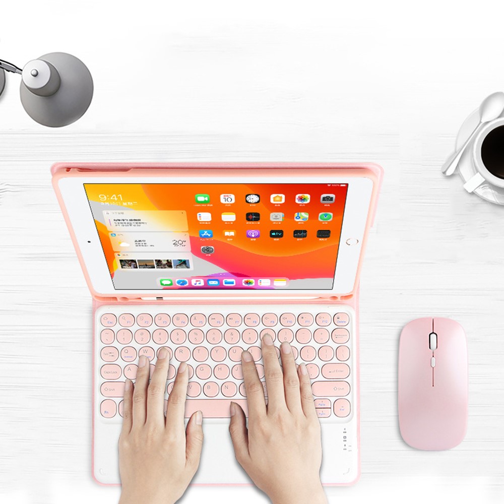 Ajiuyu Candy Color Cover Cover Shell + Sem Fio Bluetooth Teclado Conjunto Para Ipad 10.2 (2019) / (2020) - Cor De Rosa-4