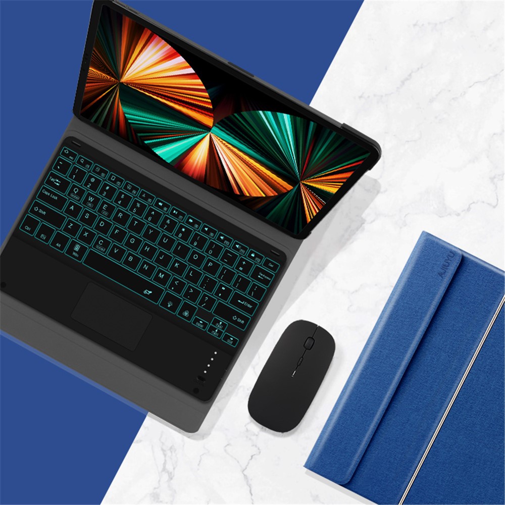 JIUYU Detachable Bluetooth Touchpad Multi-color Backlit Design Keyboard + Multi-angle Stand Leather Case Protector for iPad Pro 12.9-inch (2020)/(2021) - Blue-2