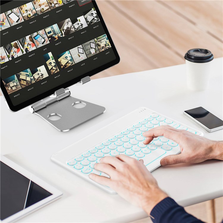 10-inch Android/iOS/Windows 3 Systems Mono-Color Backlit Type-C Rubberized Bluetooth Keyboard Round Key Cup - German-5