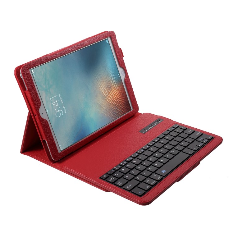 For iPad 9.7-inch (2017) Detachable Bluetooth Keyboard Litchi PU Leather Stand Case Cover - Red-5