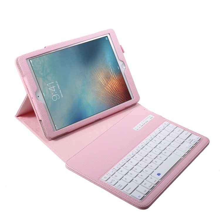 For iPad 9.7-inch (2017) Movable Wireless Bluetooth Keyboard Litchi Leather Case Stand - Pink-5