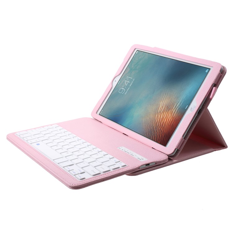 For iPad 9.7-inch (2017) Movable Wireless Bluetooth Keyboard Litchi Leather Case Stand - Pink-6