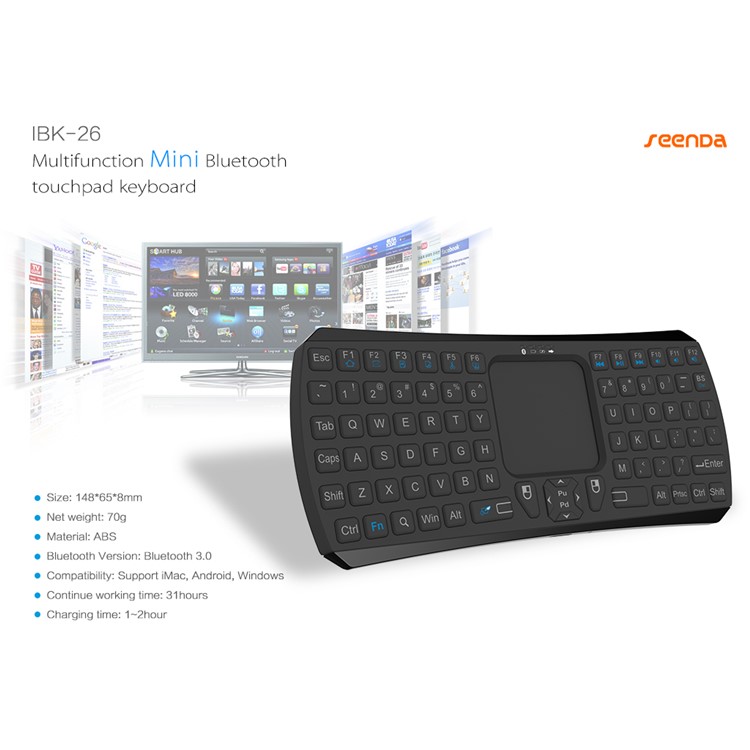 IBK-26 Mini Bluetooth Wireless QWERTY Keyboard with Touchpad for Smartphones and Tablets - Black-2