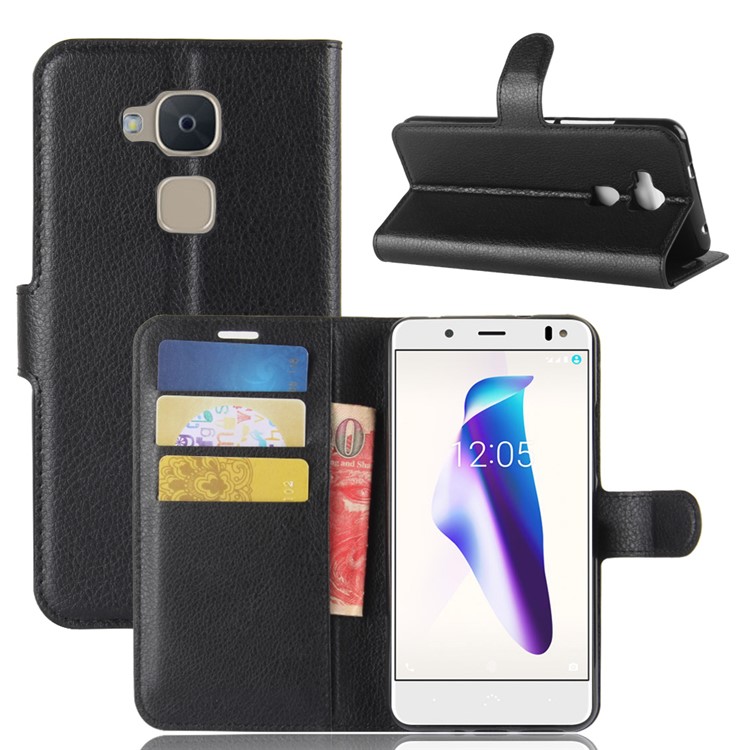 Litchi Skin PU Leather Wallet Phone Case for BQ V - Black-1