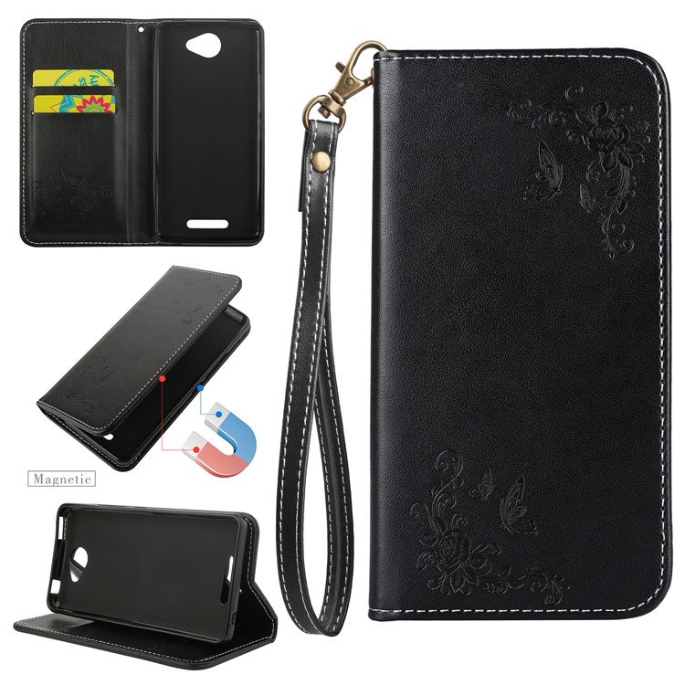 Imprint Butterfly Flower Auto-absorbed Leather Case with Card Slots for BQ Aquaris U/U Lite - Black-1
