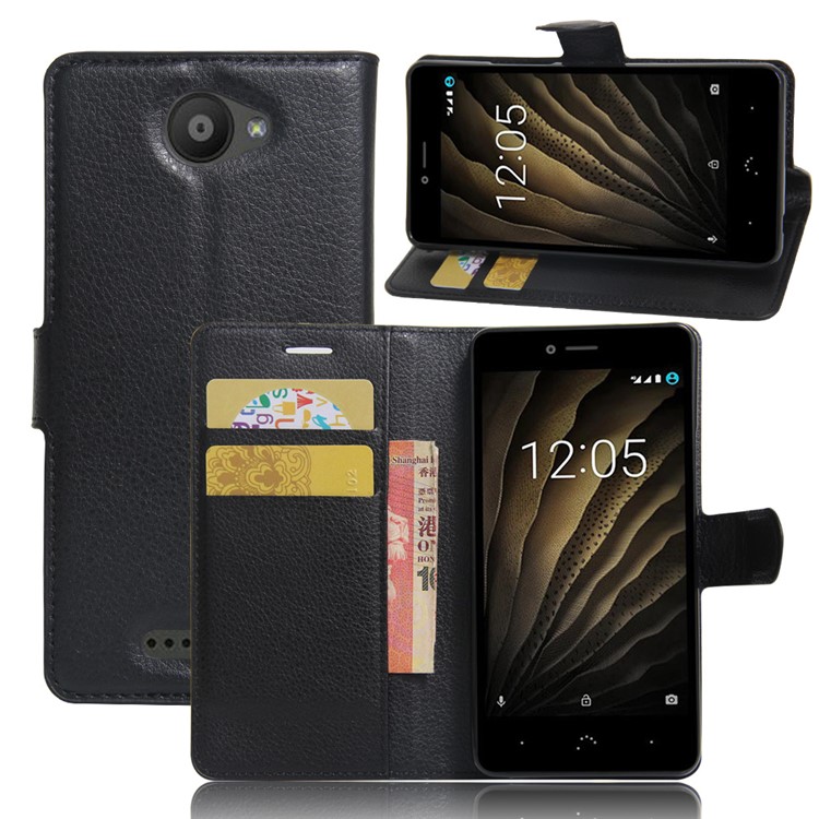 Litchi Grain Leather Wallet Flip Case Cover for BQ Aquaris U/U Lite - Black-1