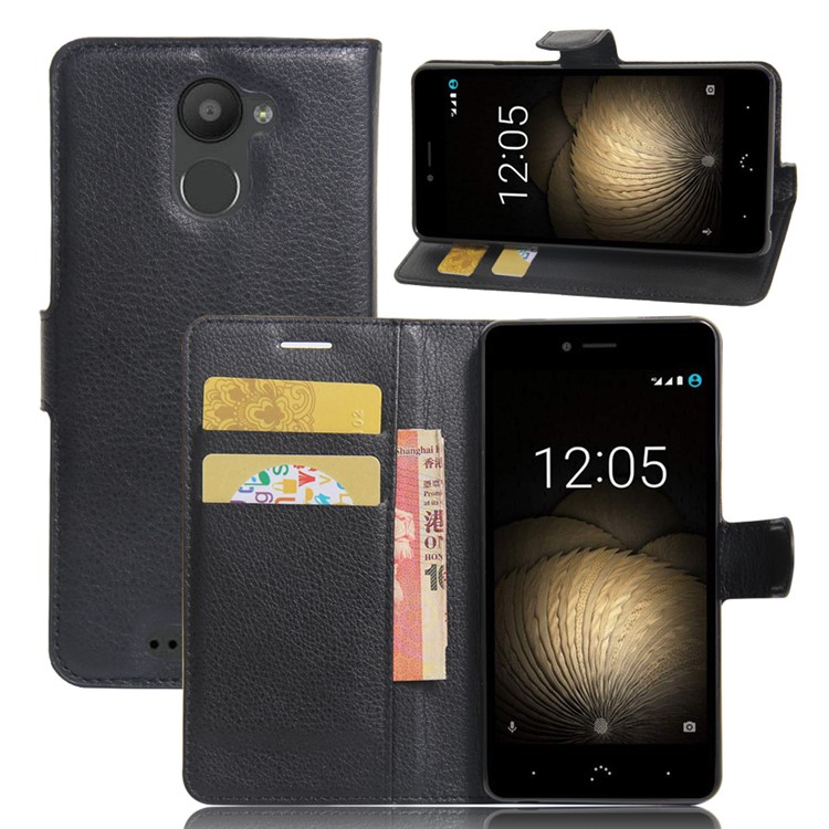 Lychee Skin Leather Wallet Case for BQ Aquaris U Plus - Black-1
