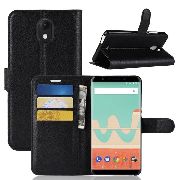 Litchi Skin Wallet Leather Stand Case for Wiko View Go - Black-1