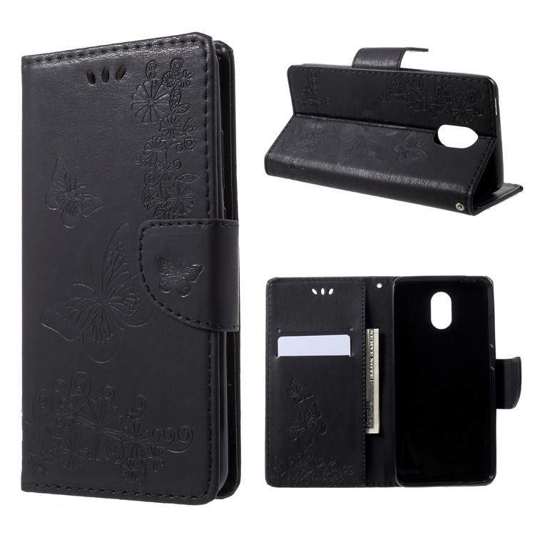 Imprint Butterfly Flowers Folio Wallet Leather Case with Stand for Wiko Lenny 5 - Black-1