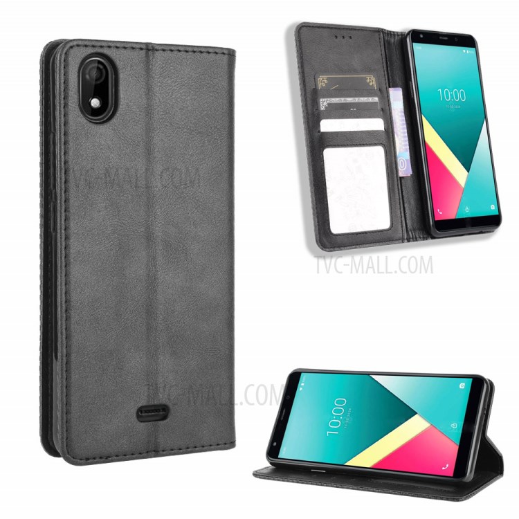 Vintage Style Leather Wallet Case for Wiko Y61 - Black-1