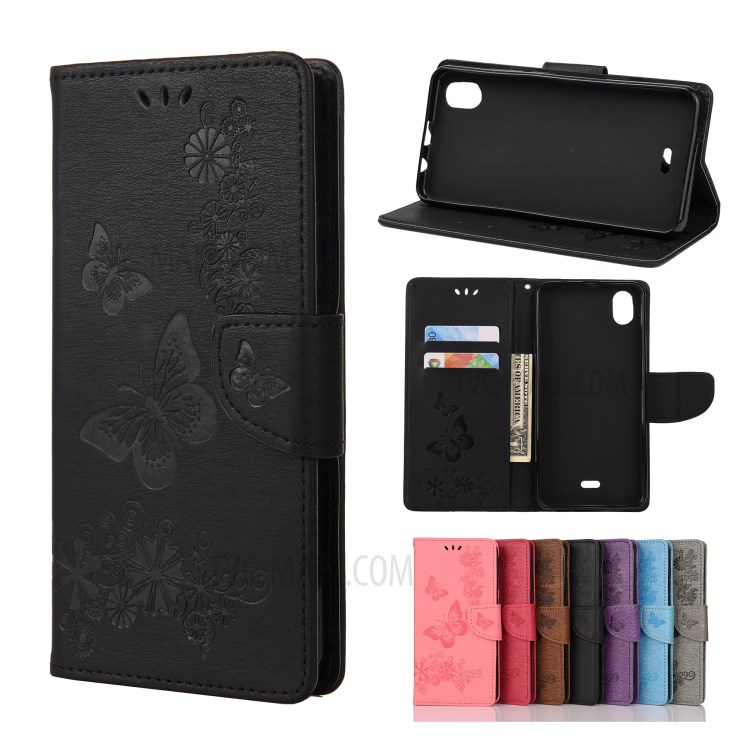 Imprint Butterflies Wallet Stand Flip Leather Phone Cover for Wiko Y61 - Black-1